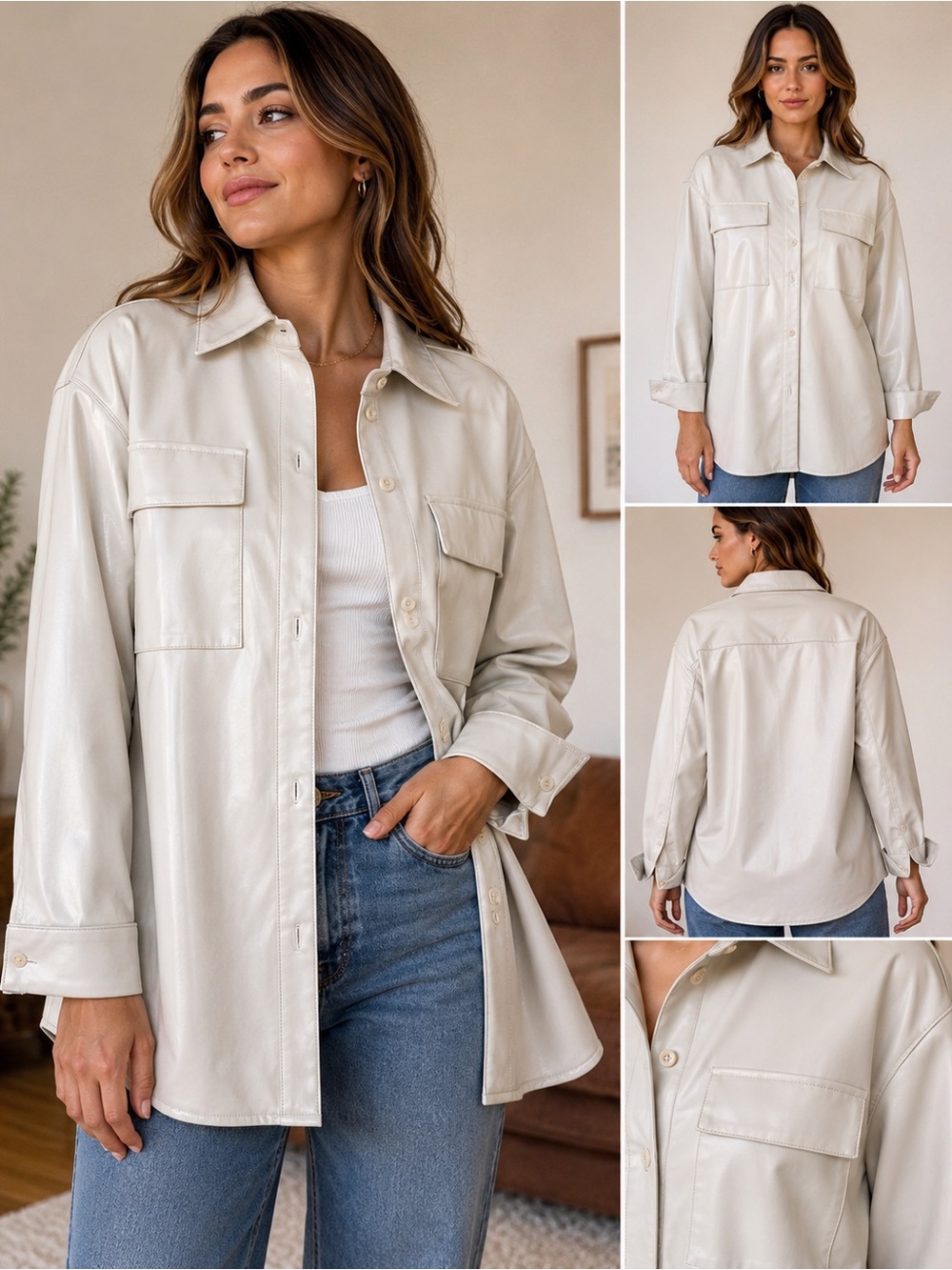 Proenza Schouler Cream Faux Leather Utility Shirt Jacket